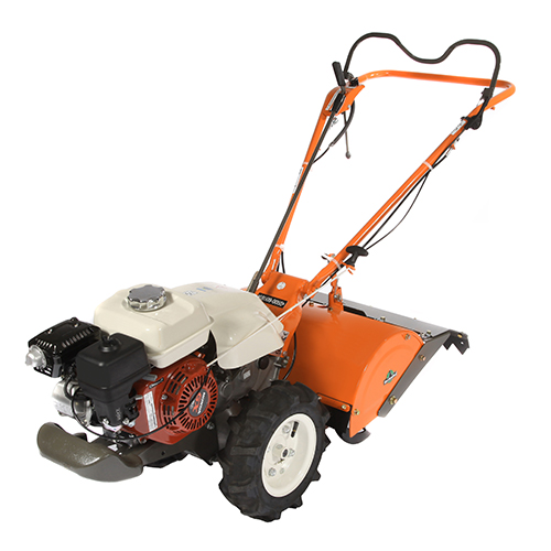 Orangefarbener Gartenfräse von der Seite